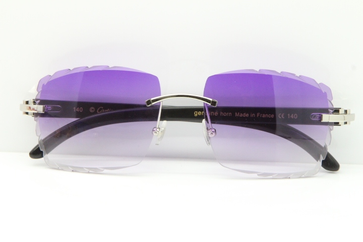 Cartier Rimless 8300816 Original Black Buffalo Horn Sunglasses In Gold Purple Carved Lens