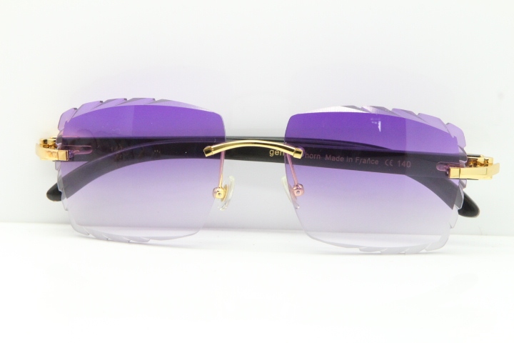 Cartier Rimless 8300816 Original Black Buffalo Horn Sunglasses In Gold Purple Carved Lens