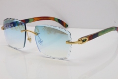Cartier Rimless 8300816 Original Peacock Wood Sunglasses In Gold Ice Blue Carved Lens