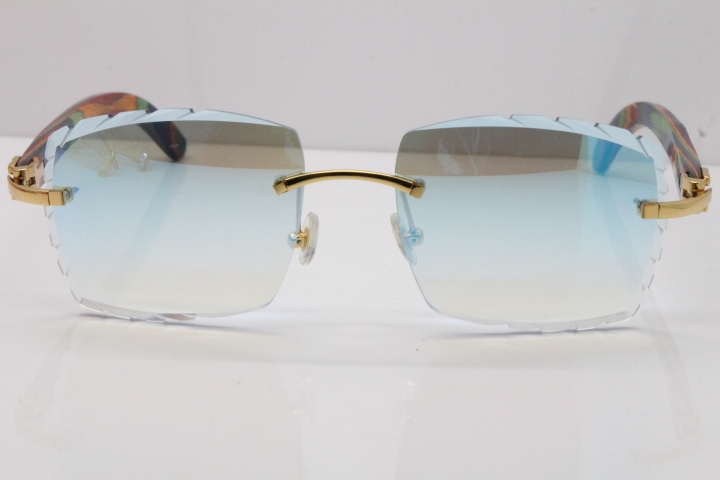 Cartier Rimless 8300816 Original Peacock Wood Sunglasses In Gold Ice Blue Carved Lens