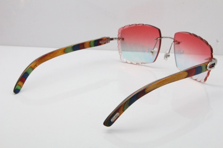 Cartier Rimless 8300816 Original Peacock Wood Sunglasses In Gold Mirror Red Carved Lens