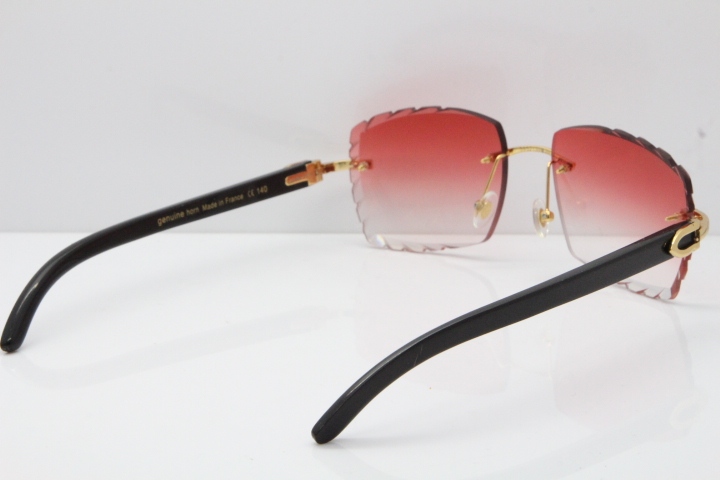 Cartier Rimless 8300816 Original Black Buffalo Horn Sunglasses In Gold Red Lens Carved Lens