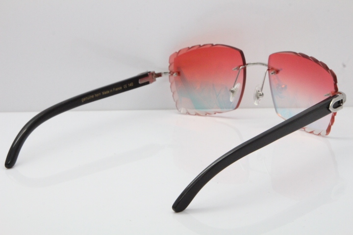 Cartier Rimless 8300816 Original Black Buffalo Horn Sunglasses In Gold Mirror Red Carved Lens