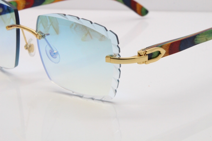 Cartier Rimless 8300816 Original Peacock Wood Sunglasses In Gold Ice Blue Carved Lens