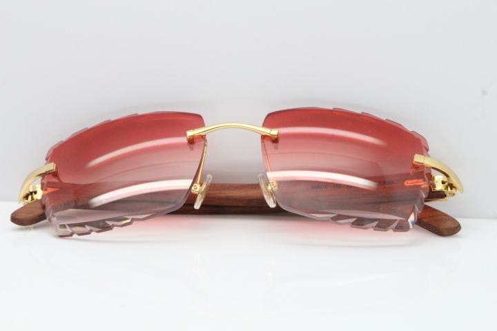 Cartier Rimless 8300816 Original Wood Sunglasses In Gold Red Carved Lens