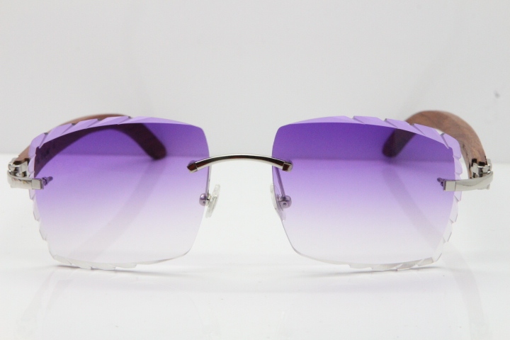 Cartier Rimless 8300816 Original Wood Sunglasses In Gold Purple Carved Lens