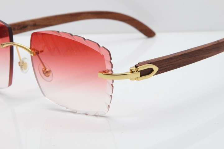 Cartier Rimless 8300816 Original Wood Sunglasses In Gold Red Carved Lens