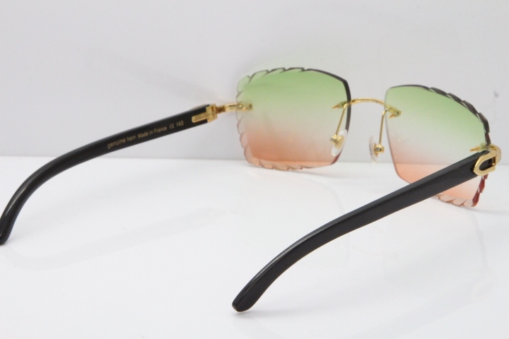 Cartier Rimless 8300816 Original Black Buffalo Horn Sunglasses In Gold Green Brown Carved Lens