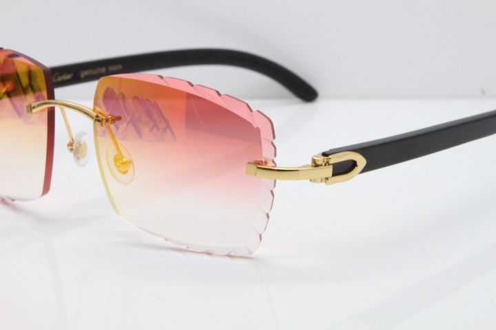 Cartier Rimless 8300816 Original Black Buffalo Horn Sunglasses In Gold Mirror Red Carved Lens