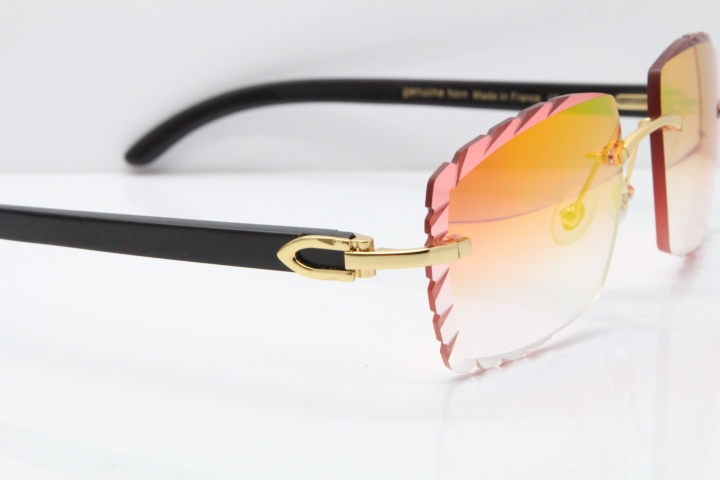 Cartier Rimless 8300816 Original Black Buffalo Horn Sunglasses In Gold Mirror Red Carved Lens