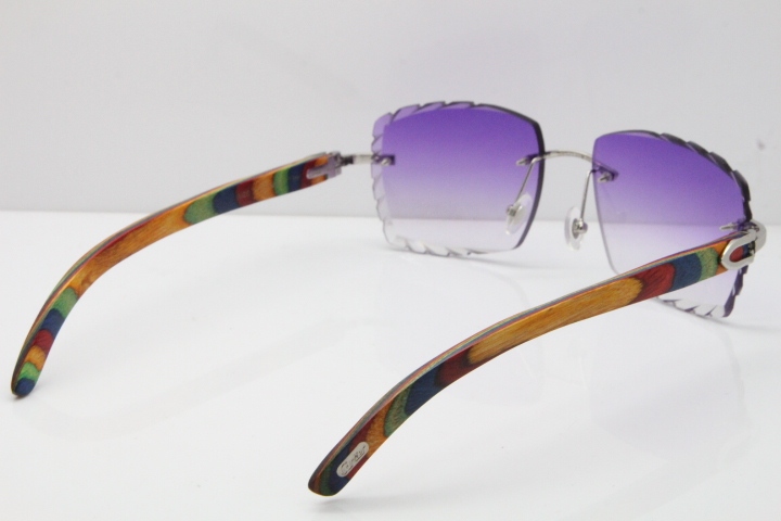 Cartier Rimless 8300816 Original Peacock Wood Sunglasses In Gold Purple Carved Lens