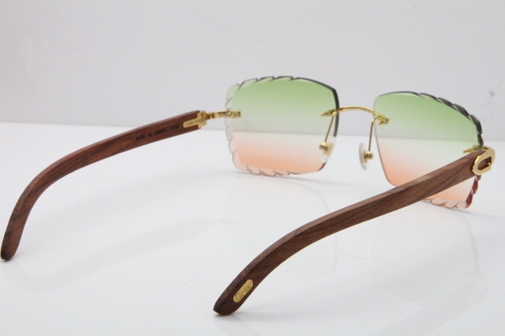 Cartier Rimless 8300816 Original Wood Sunglasses In Gold Green Mix Brown Carved Lens