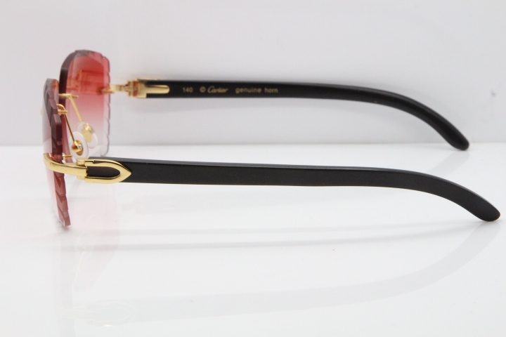 Cartier Rimless 8300816 Original Black Buffalo Horn Sunglasses In Gold Red Lens Carved Lens