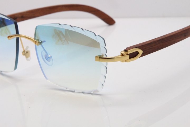 Cartier Rimless 8300816 Original Wood Sunglasses In Gold Ice Blue Carved Lens