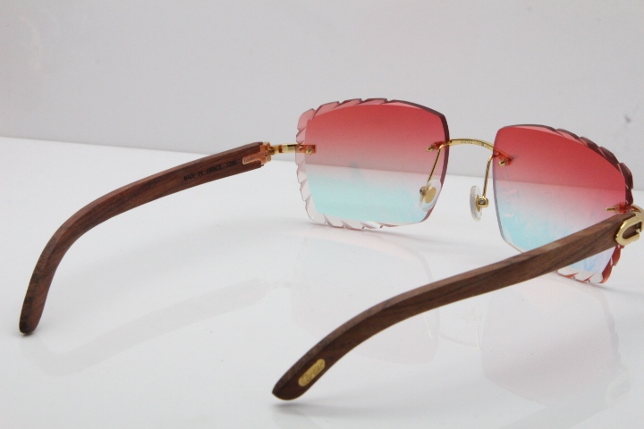 Cartier Rimless 8300816 Original Wood Sunglasses In Gold Mirror Red Carved Lens