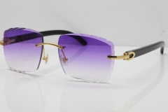 Cartier Rimless 8300816 Original Black Buffalo Horn Sunglasses In Gold Purple Carved Lens