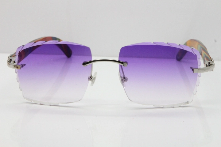 Cartier Rimless 8300816 Original Peacock Wood Sunglasses In Gold Purple Carved Lens