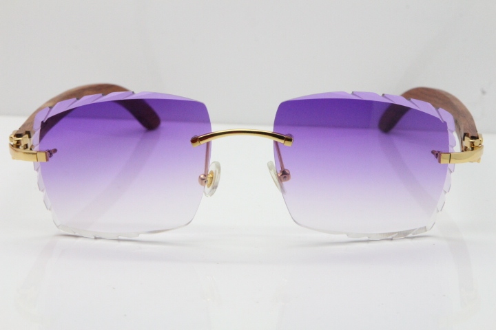 Cartier Rimless 8300816 Original Wood Sunglasses In Gold Purple Carved Lens