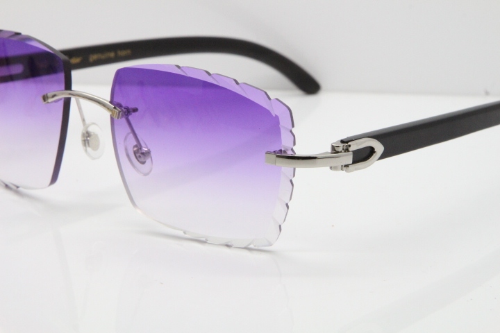 Cartier Rimless 8300816 Original Black Buffalo Horn Sunglasses In Gold Purple Carved Lens