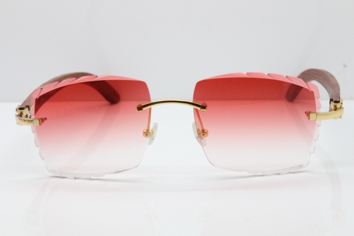 Cartier Rimless 8300816 Original Wood Sunglasses In Gold Red Carved Lens