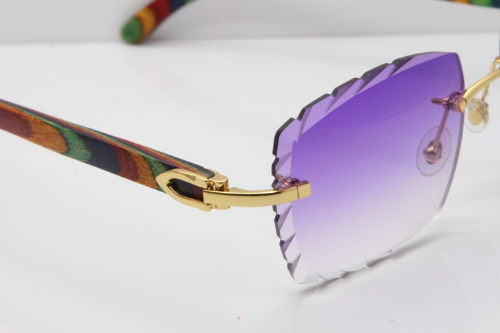 Cartier Rimless 8300816 Original Peacock Wood Sunglasses In Gold Purple Carved Lens