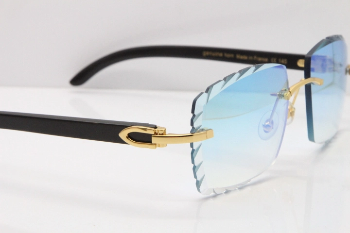 Cartier Rimless 8300816 Original Black Buffalo Horn Sunglasses In Gold Ice Blue Carved Lens