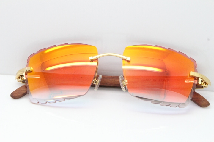 Cartier Rimless 8300816 Original Wood Sunglasses In Gold Mirror Red Carved Lens