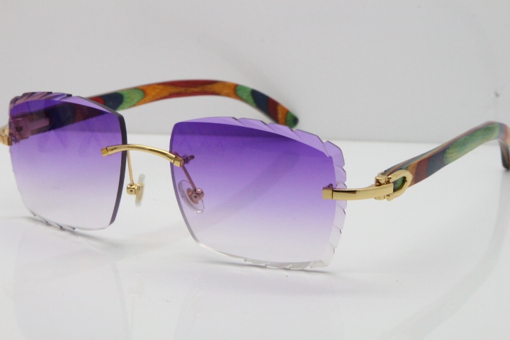 Cartier Rimless 8300816 Original Peacock Wood Sunglasses In Gold Purple Carved Lens