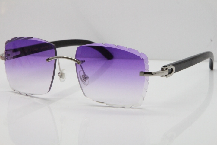 Cartier Rimless 8300816 Original Black Buffalo Horn Sunglasses In Gold Purple Carved Lens