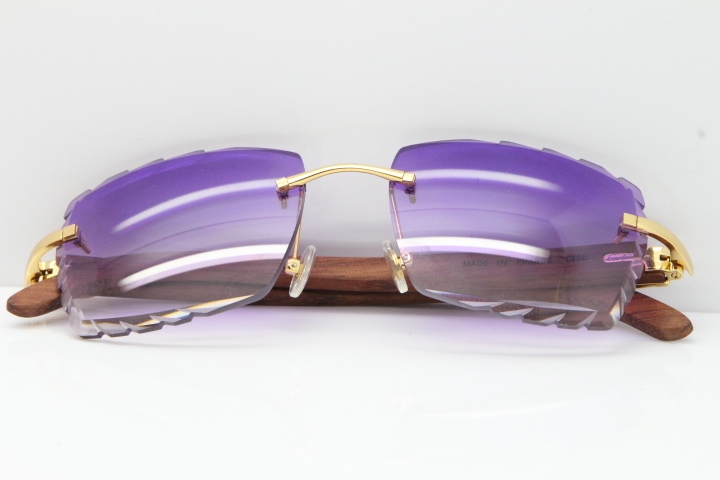 Cartier Rimless 8300816 Original Wood Sunglasses In Gold Purple Carved Lens