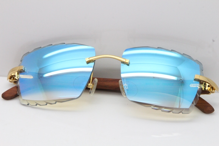 Cartier Rimless 8300816 Original Wood Sunglasses In Gold Ice Blue Carved Lens