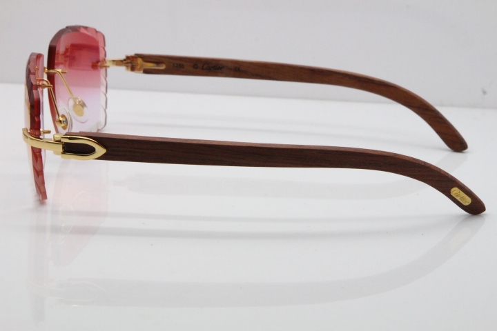 Cartier Rimless 8300816 Original Wood Sunglasses In Gold Mirror Red Carved Lens