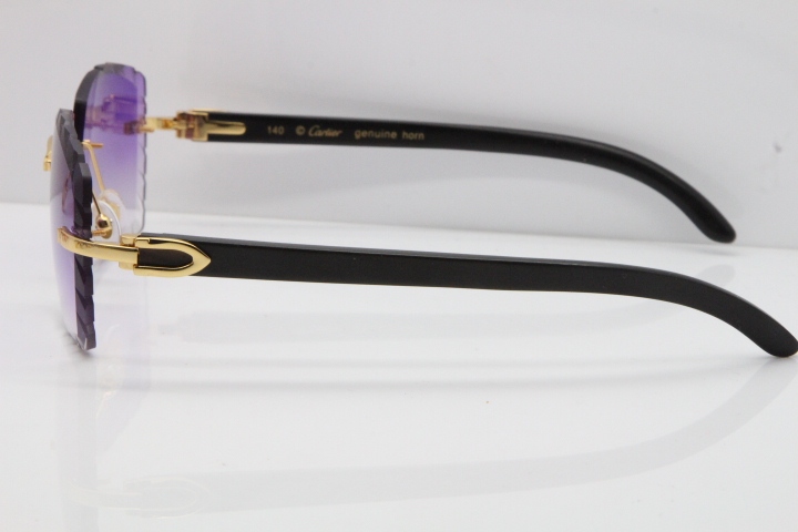 Cartier Rimless 8300816 Original Black Buffalo Horn Sunglasses In Gold Purple Carved Lens