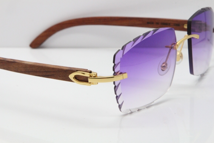 Cartier Rimless 8300816 Original Wood Sunglasses In Gold Purple Carved Lens