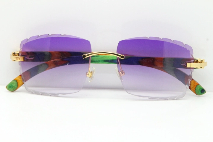 Cartier Rimless 8300816 Original Peacock Wood Sunglasses In Gold Purple Carved Lens