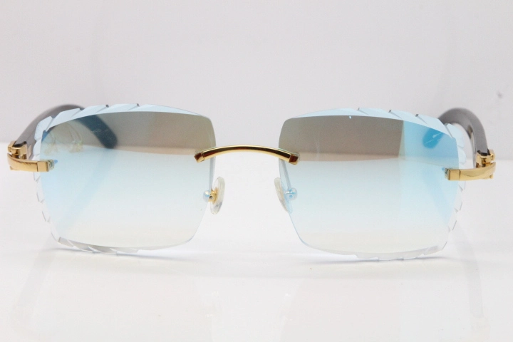 Cartier Rimless 8300816 Original Black Buffalo Horn Sunglasses In Gold Ice Blue Carved Lens