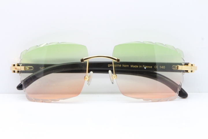 Cartier Rimless 8300816 Original Black Buffalo Horn Sunglasses In Gold Green Brown Carved Lens