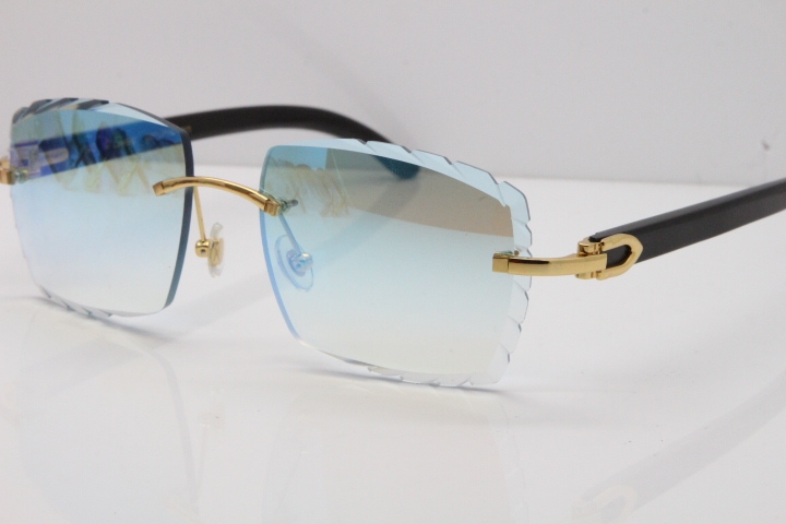Cartier Rimless 8300816 Original Black Buffalo Horn Sunglasses In Gold Ice Blue Carved Lens