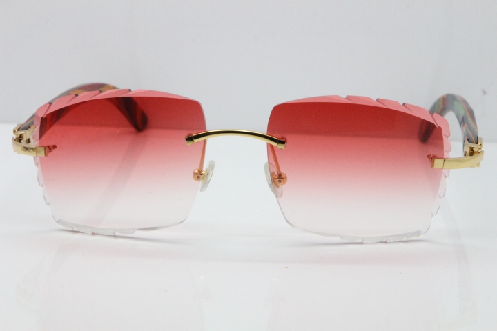 Cartier Rimless 8300816 Original Peacock Wood Sunglasses In Gold Red Carved Lens