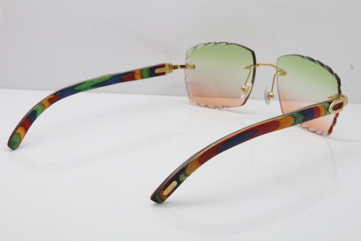 Cartier Rimless 8300816 Original Peacock Wood Sunglasses In Gold Green Mix Brown Carved Lens