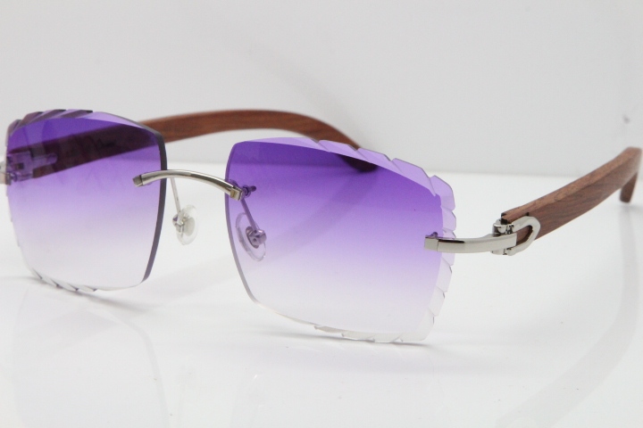 Cartier Rimless 8300816 Original Wood Sunglasses In Gold Purple Carved Lens