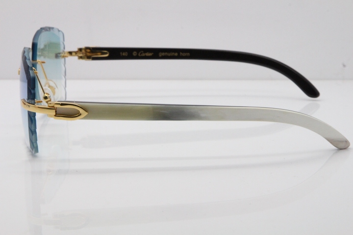 Cartier Rimless 8300816 Original White inside Black Buffalo Horn Sunglasses In Gold Ice Blue Carved Lens