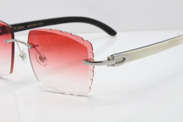 Cartier Rimless 8300816 Original White inside Black Buffalo Horn Sunglasses In Gold Red Carved Lens