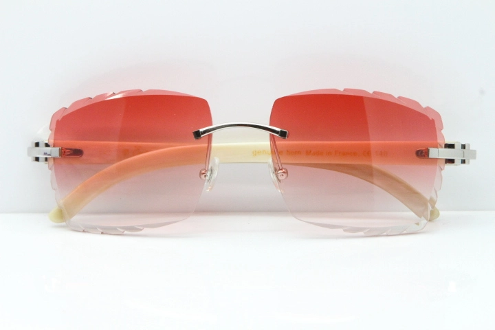 Cartier Rimless 8300816 Original White Genuine Natural Sunglasses In Gold Red Carved Lens