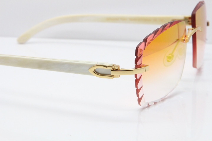 Cartier Rimless 8300816 Original White Genuine Natural Sunglasses In Gold Mirror Red Carved Lens