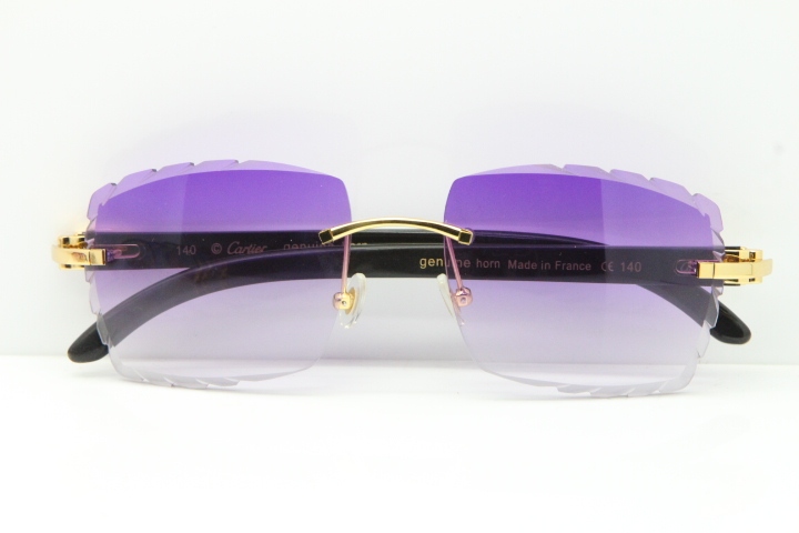 Cartier Rimless 8300816 Original White inside Black Buffalo Horn Sunglasses In Silver Purple Carved Lens