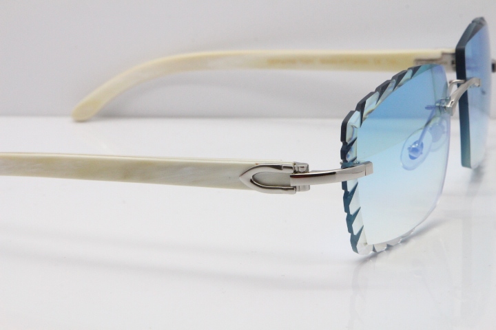 Cartier Rimless 8300816 Original White Genuine Natural Sunglasses In Gold Ice Blue Carved Lens