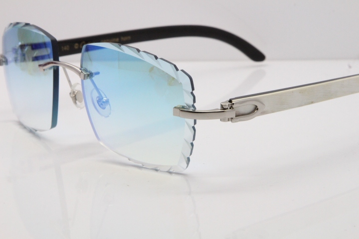 Cartier Rimless 8300816 Original White inside Black Buffalo Horn Sunglasses In Gold Ice Blue Carved Lens