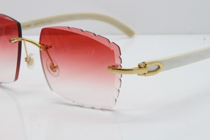 Cartier Rimless 8300816 Original White Genuine Natural Sunglasses In Gold Red Carved Lens