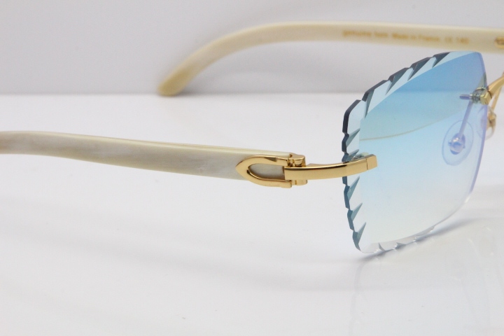 Cartier Rimless 8300816 Original White Genuine Natural Sunglasses In Gold Ice Blue Carved Lens